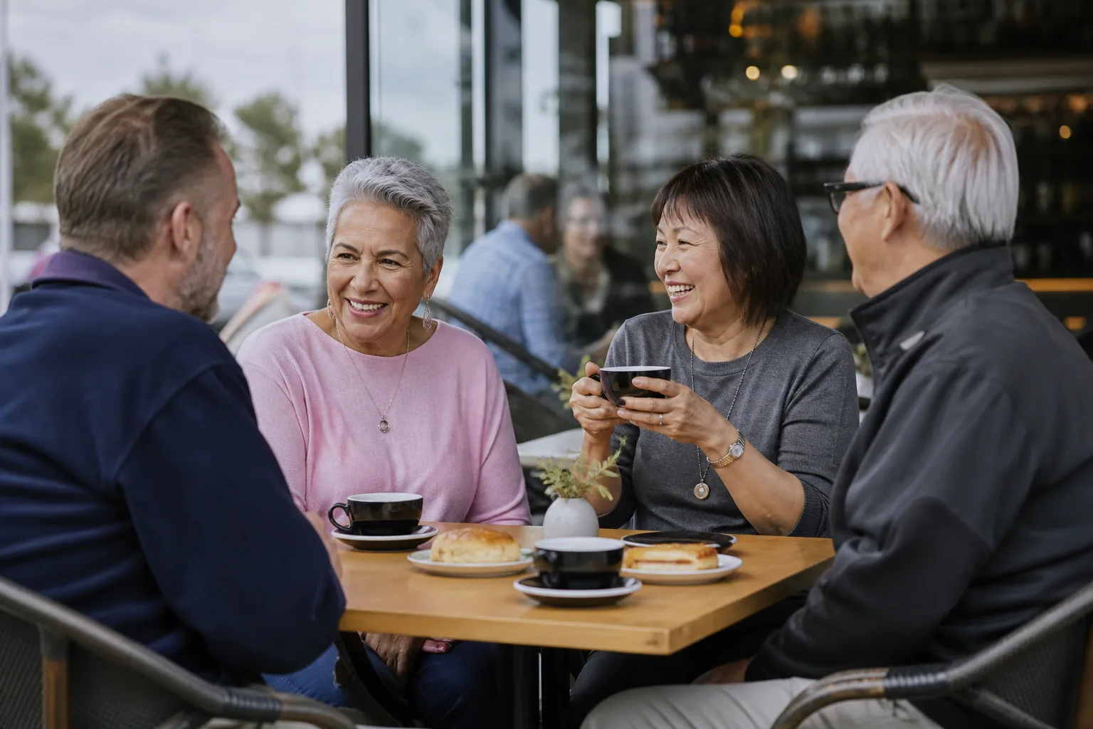 Mature couple talking over coffee in central Birmingham