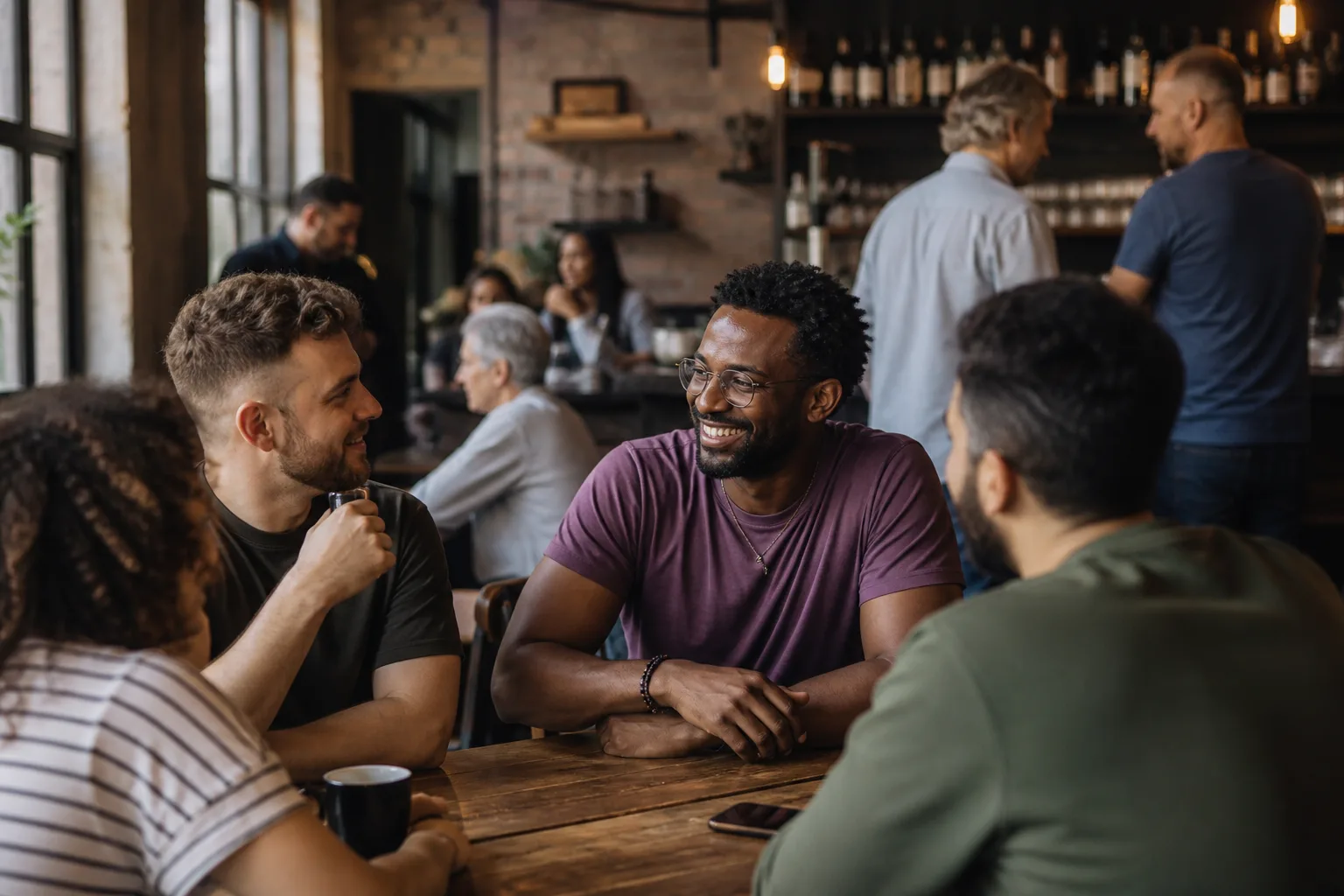 Two men chatting over coffee in Birmingham city centre