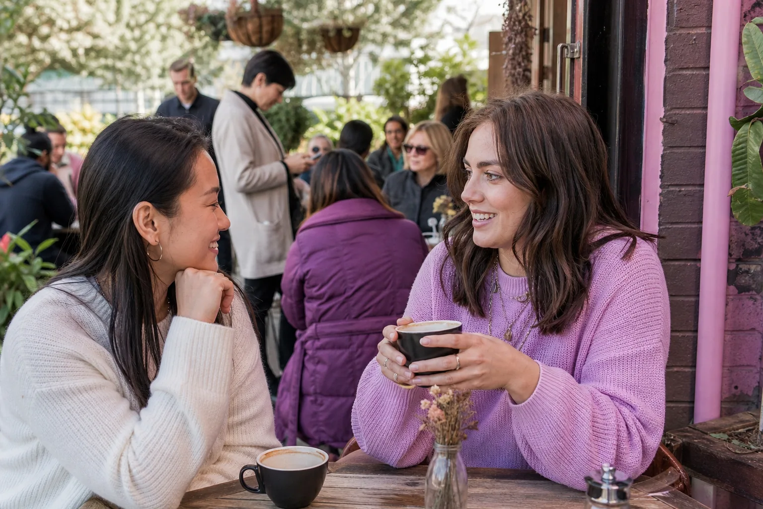 Two women chatting over coffee at a relaxed Birmingham cafe