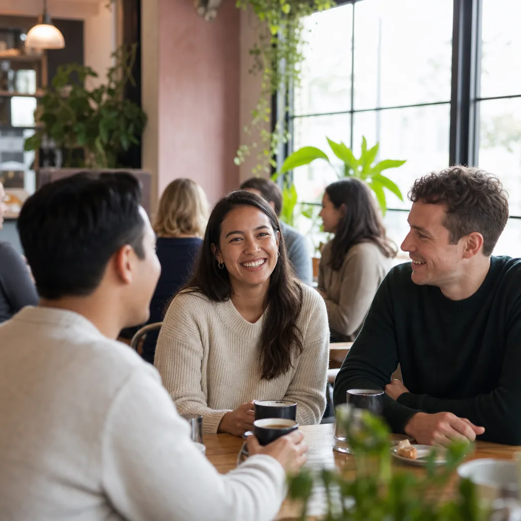 Two people having a friendly conversation at a Birmingham church coffee evening
