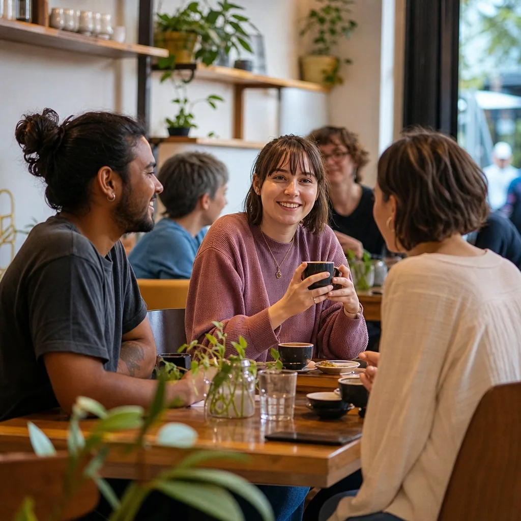 Two Birmingham adults chatting at a busy public café during the day