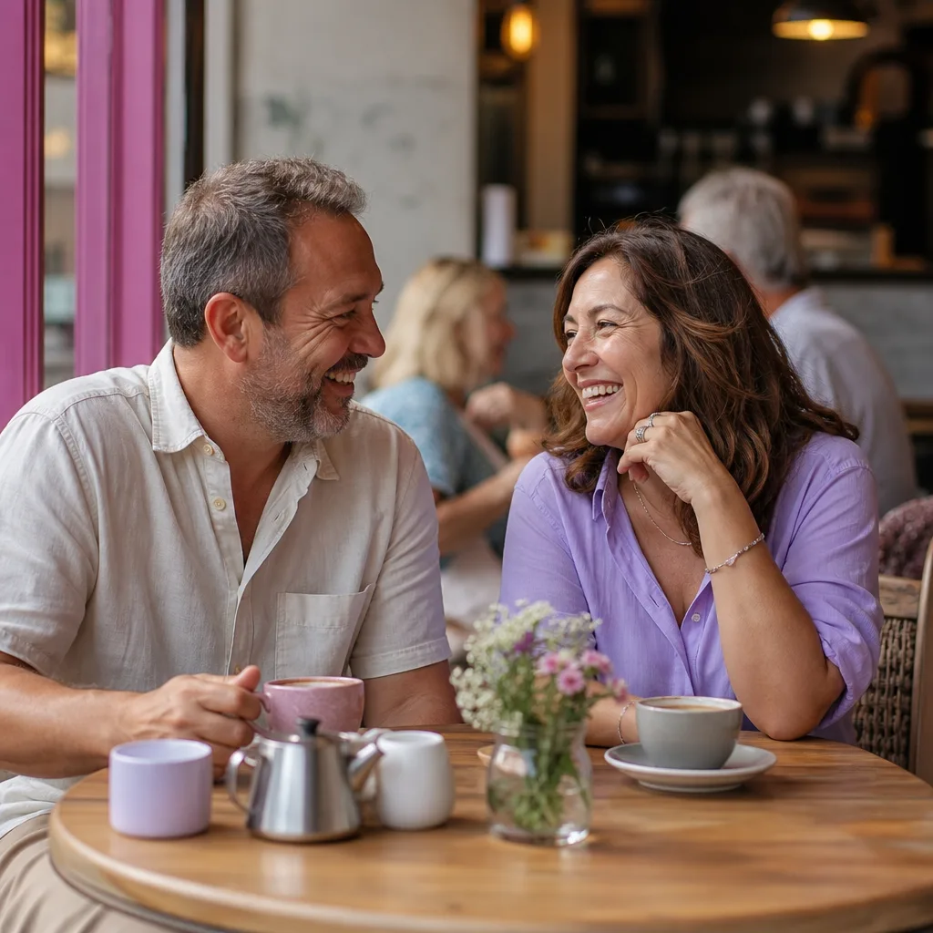 Mature couple meeting in a busy Birmingham café during the daytime