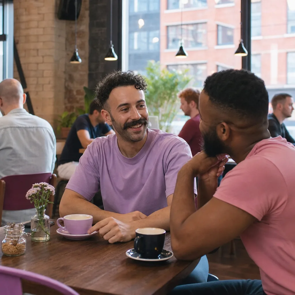 A same-sex couple walking through central Birmingham in daylight